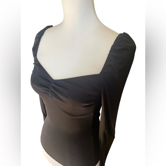 Free People Intimately Free Black Square Neck Long Sleeve Ruched Top, Size Small - Picture 2 of 9
